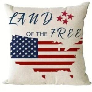 NEW "LAND OF THE FREE" PATRIOTIC FLAG 4TH OF JULY DECOR LINEN PILLOW COVER 18"